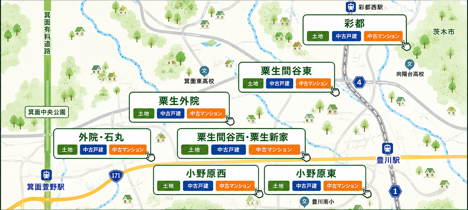 箕面市の東側地域の物件検索マップ｜小野原・彩都・粟生間谷・粟生新家・粟生外院・外院・石丸の土地・中古戸建・中古マンション