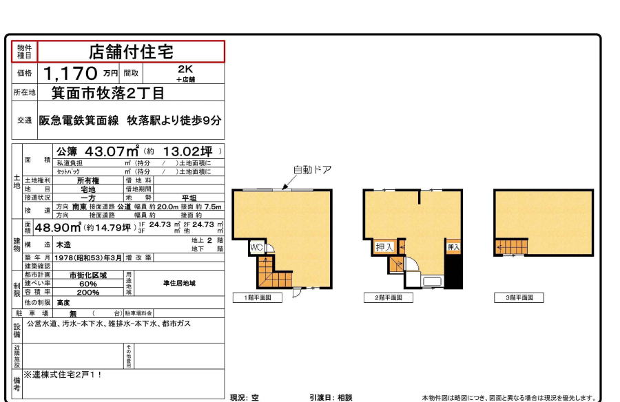 箕面　小野原　彩都　売土地　中古戸建